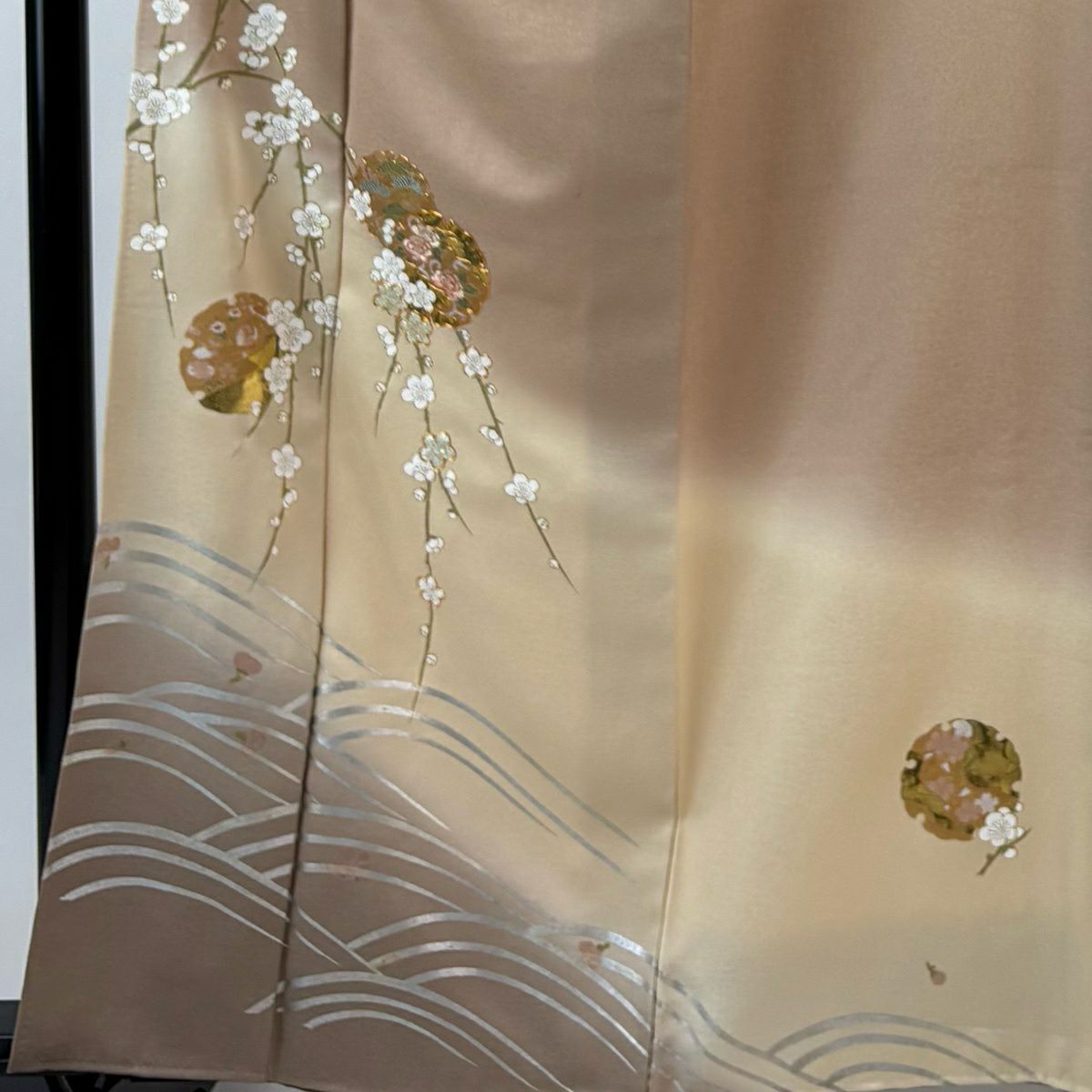 付下 身長163cm 袖長66cm M 雙層 雪輪 枝梅花 金絲 金銀彩 米色 純蠶絲 優品級