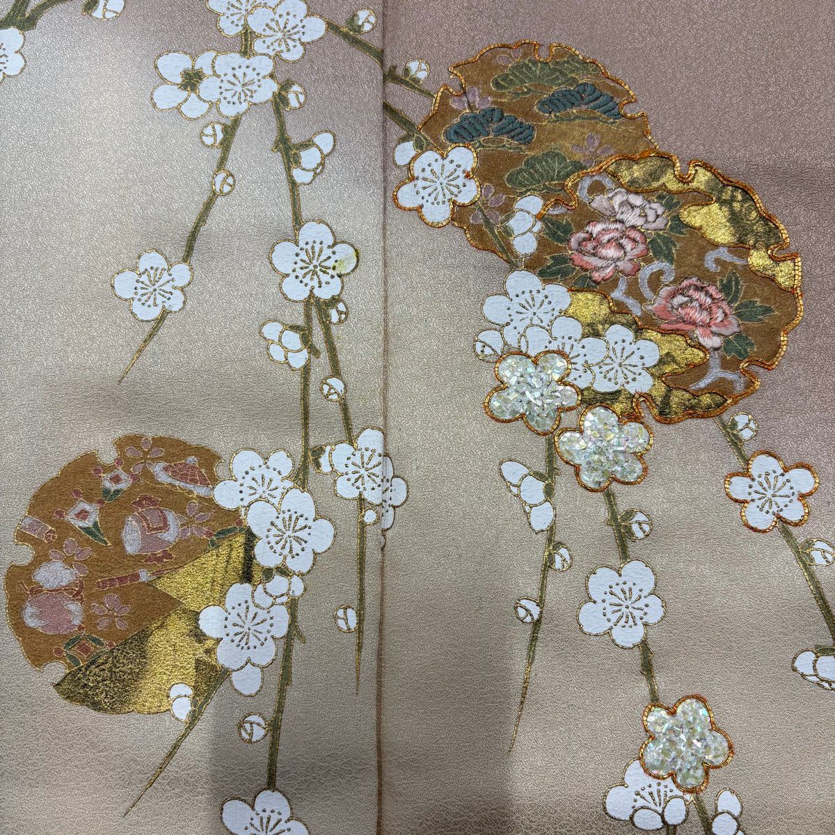 付下 身長163cm 袖長66cm M 雙層 雪輪 枝梅花 金絲 金銀彩 米色 純蠶絲 優品級