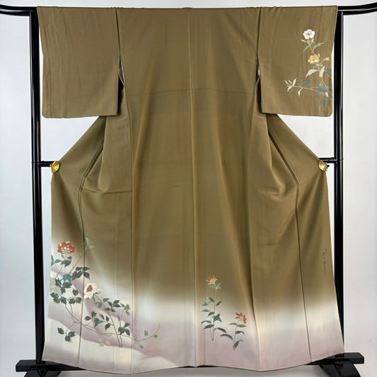 【美品】 付下 身長160.5cm 袖長64cm M 雙層 二代目清次郎 落款あり 枝花 ぼかし 灰茶 純蠶絲 秀品級