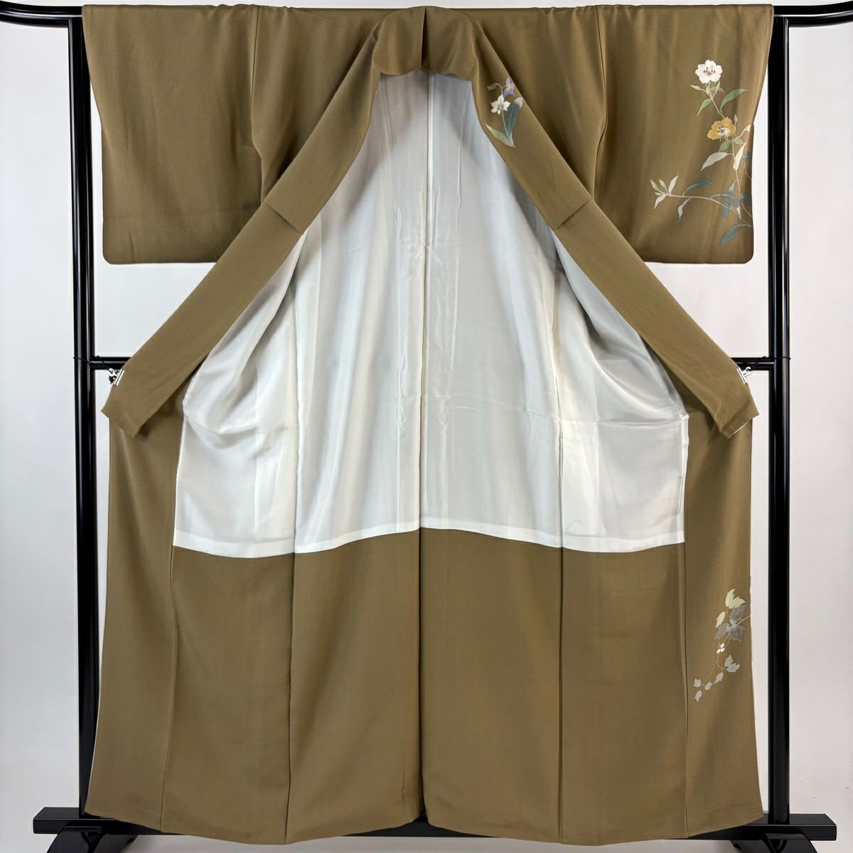 【美品】 付下 身長160.5cm 袖長64cm M 雙層 二代目清次郎 落款あり 枝花 ぼかし 灰茶 純蠶絲 秀品級