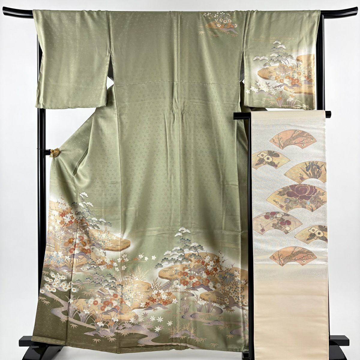 訪問服 身長163cm 袖長68cm L 雙層 袋帶套裝 松樹竹子梅花 建物 金絲 金銀彩 灰綠 純蠶絲 秀品級
