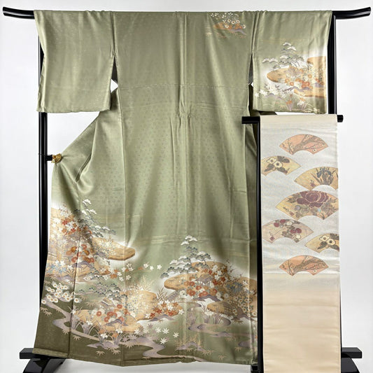 訪問服 身長163cm 袖長68cm L 雙層 袋帶套裝 松樹竹子梅花 建物 金絲 金銀彩 灰綠 純蠶絲 秀品級