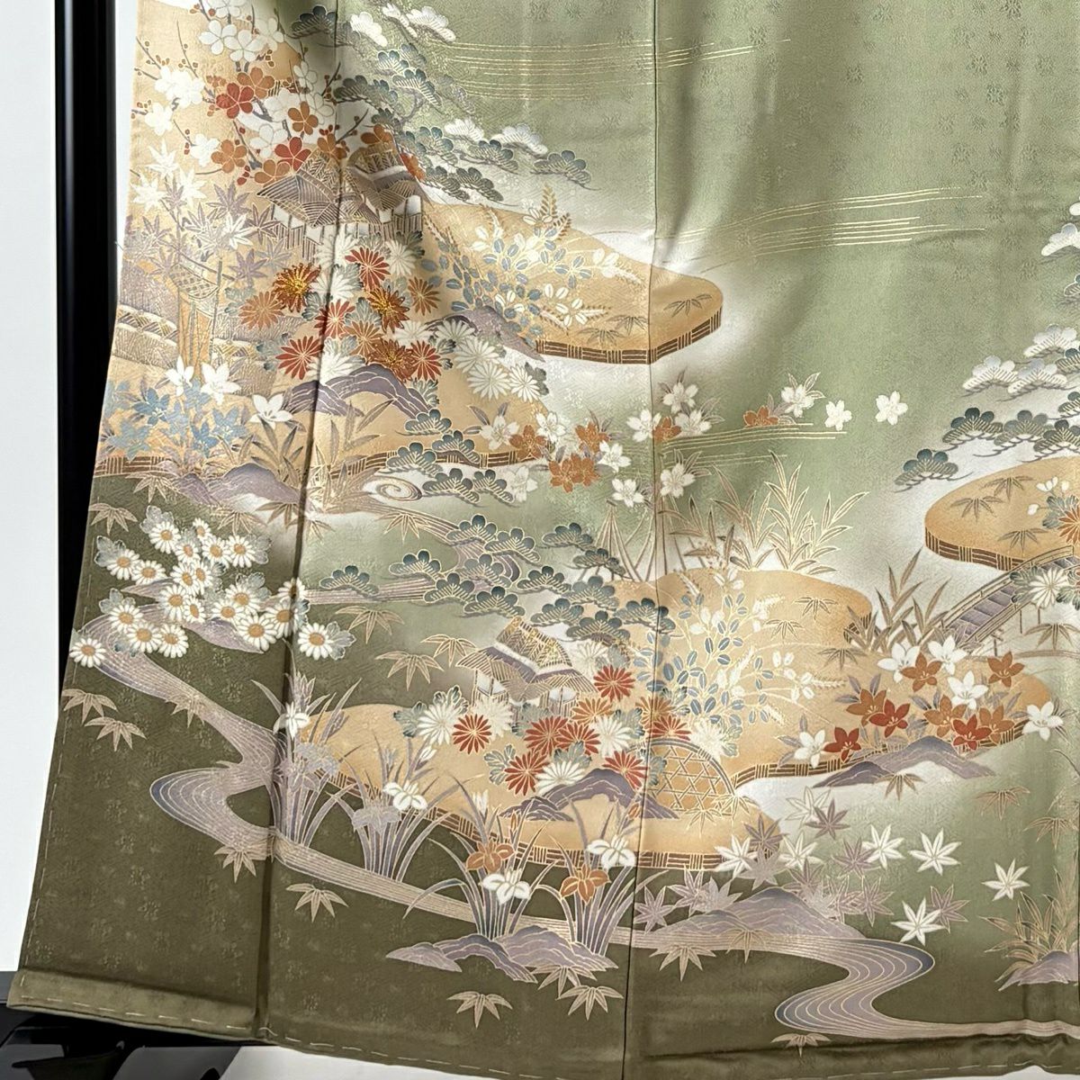 訪問服 身長163cm 袖長68cm L 雙層 袋帶套裝 松樹竹子梅花 建物 金絲 金銀彩 灰綠 純蠶絲 秀品級
