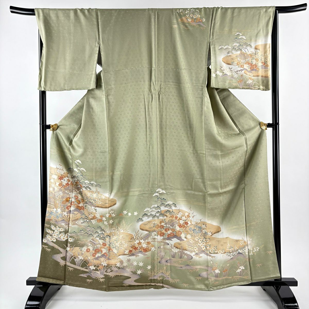 訪問服 身長163cm 袖長68cm L 雙層 袋帶套裝 松樹竹子梅花 建物 金絲 金銀彩 灰綠 純蠶絲 秀品級