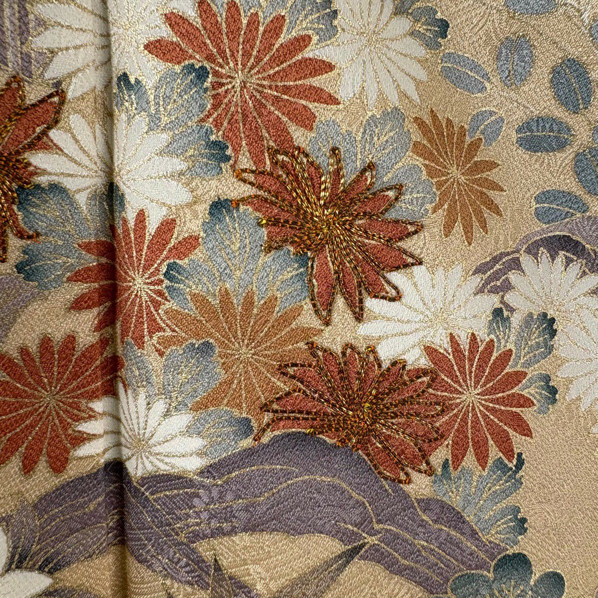 訪問服 身長163cm 袖長68cm L 雙層 袋帶套裝 松樹竹子梅花 建物 金絲 金銀彩 灰綠 純蠶絲 秀品級