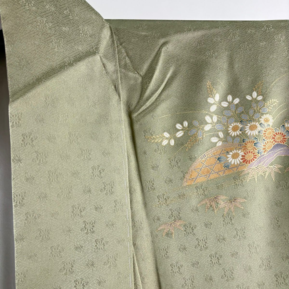 訪問服 身長163cm 袖長68cm L 雙層 袋帶套裝 松樹竹子梅花 建物 金絲 金銀彩 灰綠 純蠶絲 秀品級