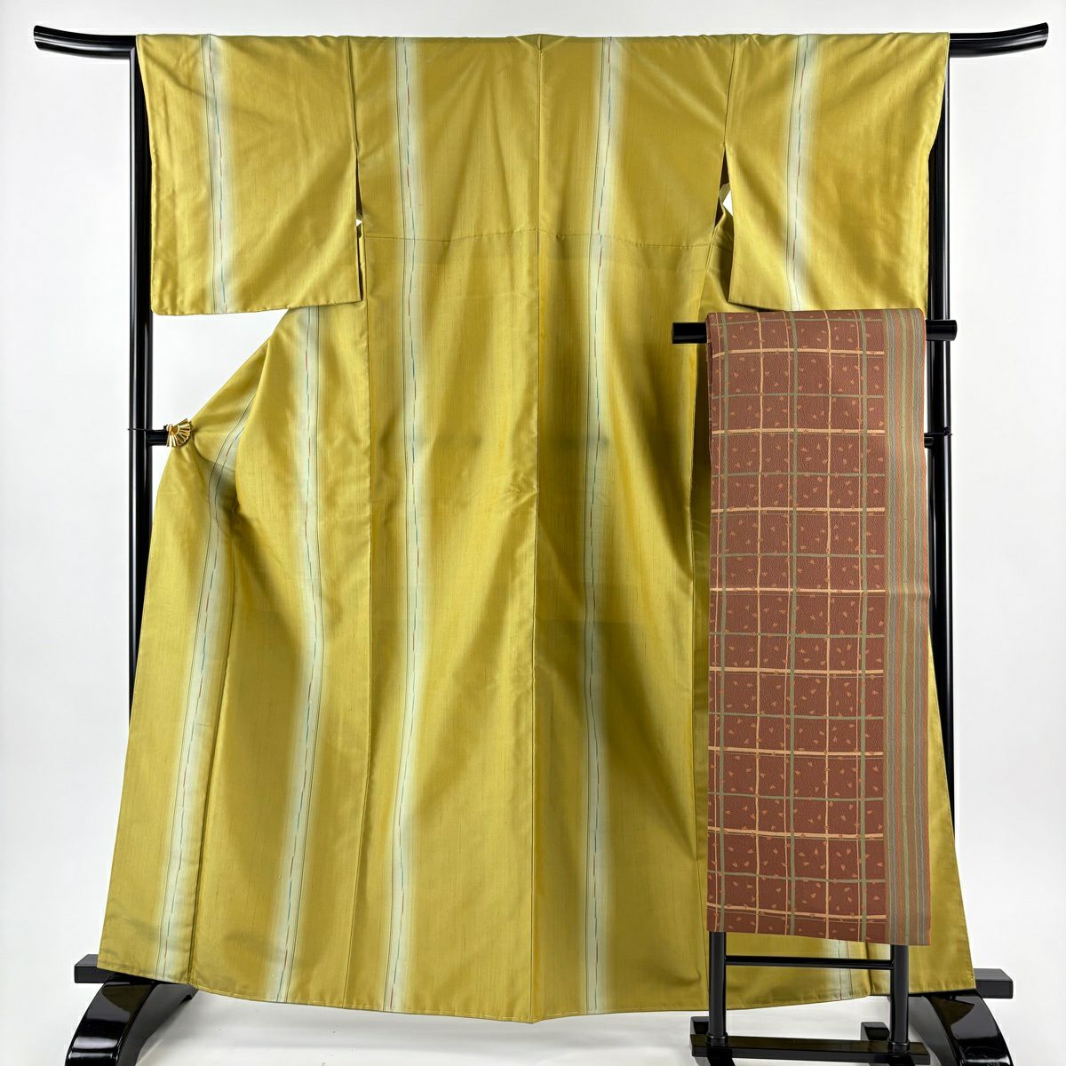 【美品】 紬織 身長163cm 袖長66cm M 雙層 名古屋帶套裝 垂直條紋圖案 鶯色 純蠶絲 優品級