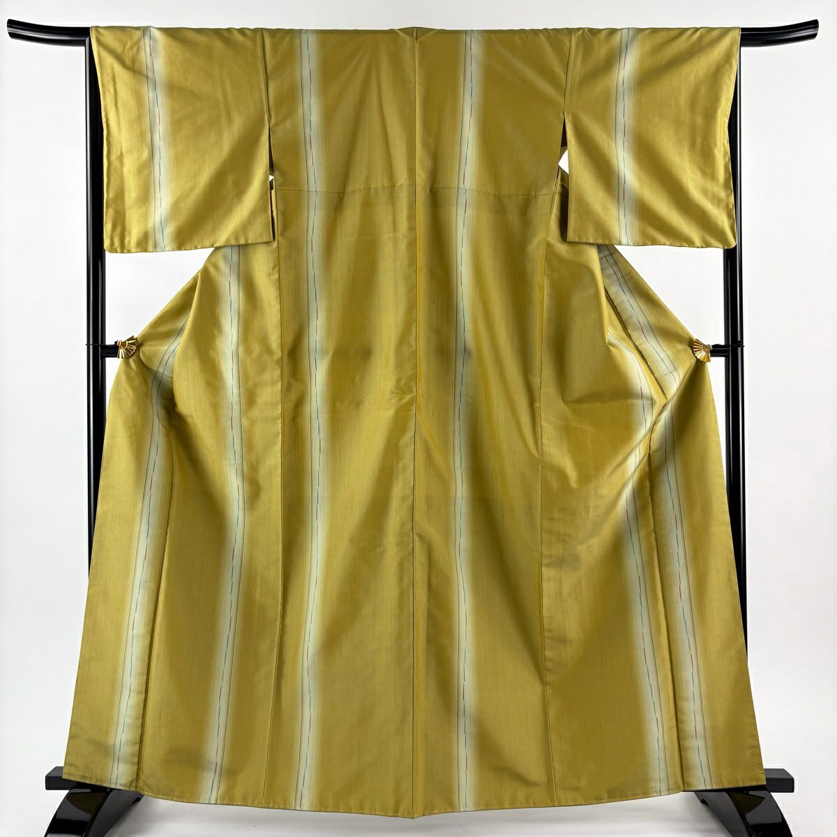 【美品】 紬織 身長163cm 袖長66cm M 雙層 名古屋帶套裝 垂直條紋圖案 鶯色 純蠶絲 優品級