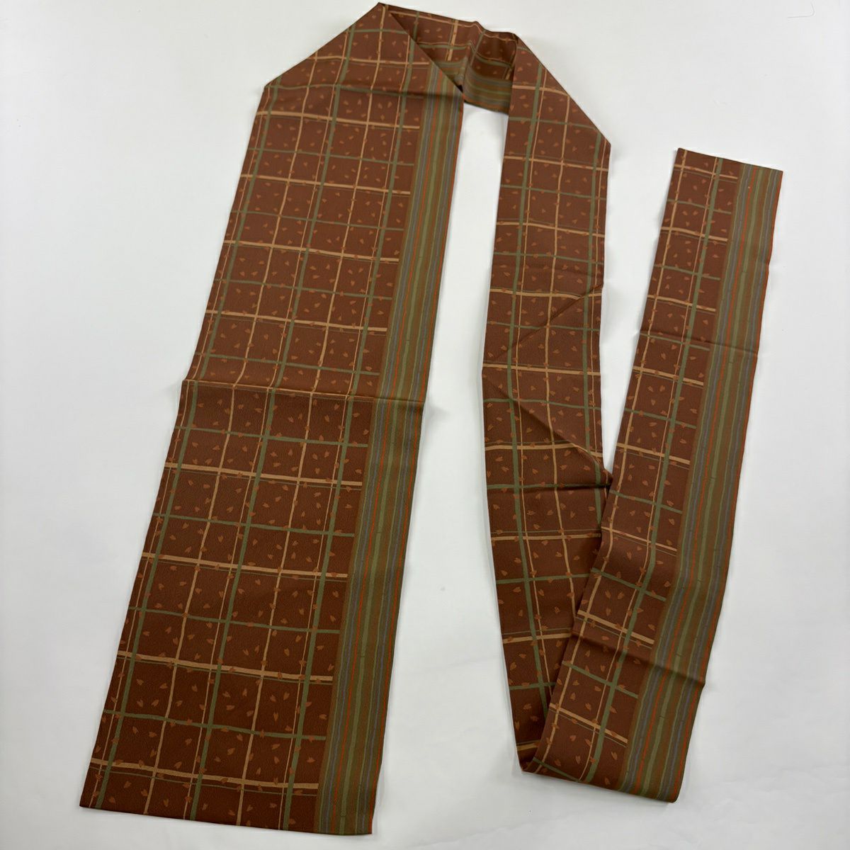 【美品】 紬織 身長163cm 袖長66cm M 雙層 名古屋帶套裝 垂直條紋圖案 鶯色 純蠶絲 優品級