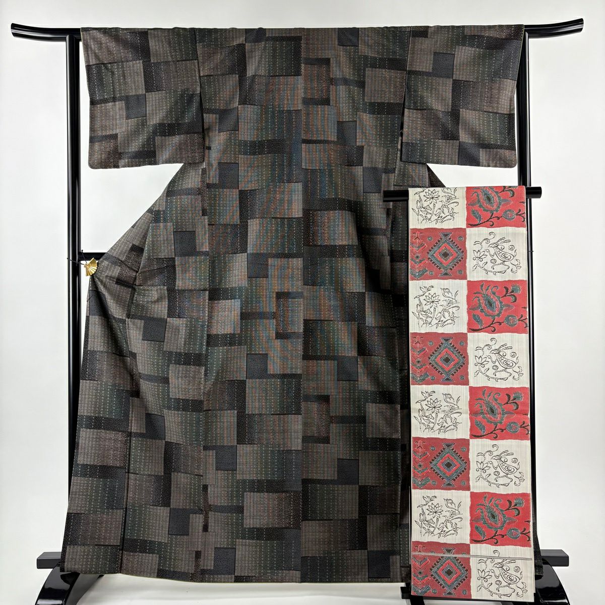 【美品】 大島紬織 身長166cm 袖長64cm M 雙層 袋帶套裝 大和 幾何圖案 純泥染 焦茶 純蠶絲 優品級