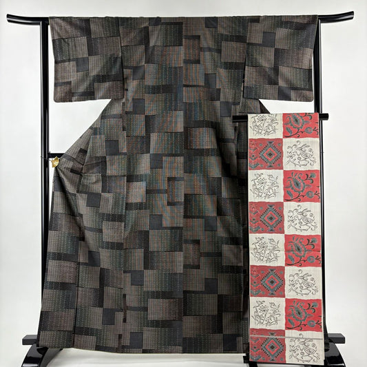 【美品】 大島紬織 身長166cm 袖長64cm M 雙層 袋帶套裝 大和 幾何圖案 純泥染 焦茶 純蠶絲 優品級