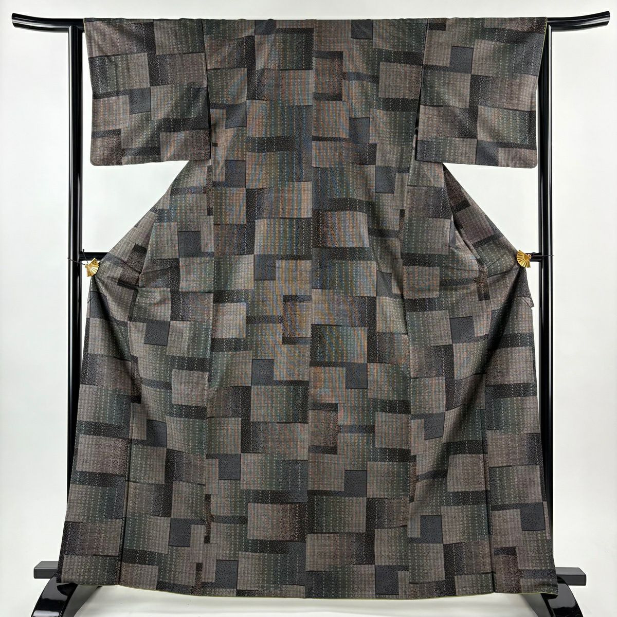 【美品】 大島紬織 身長166cm 袖長64cm M 雙層 袋帶套裝 大和 幾何圖案 純泥染 焦茶 純蠶絲 優品級