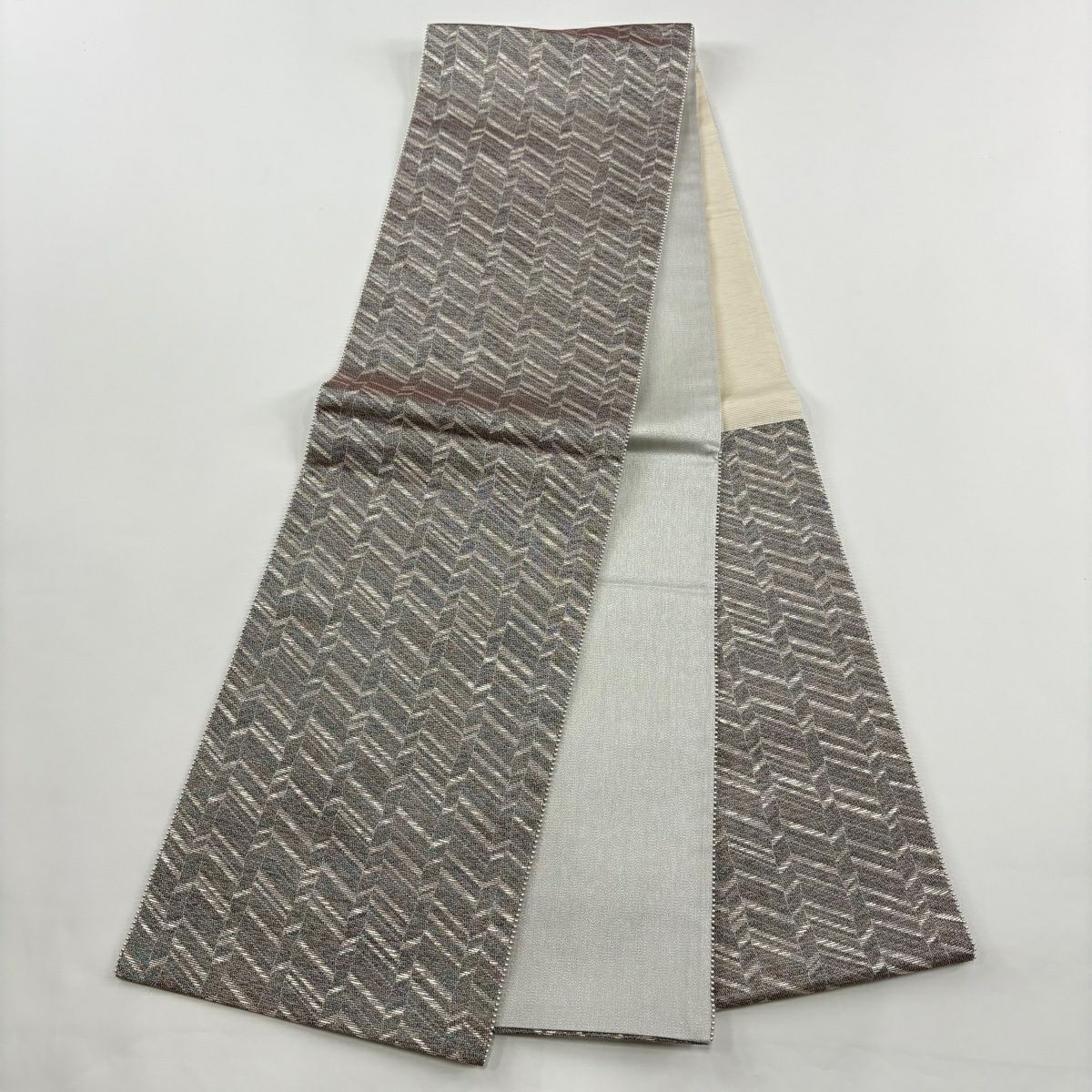 付下 身長162.5cm 袖長65cm M 雙層 紬織織 袋帶套裝 橫段 草花紋紋 刺繡 漸層 灰紫 純蠶絲 名品級