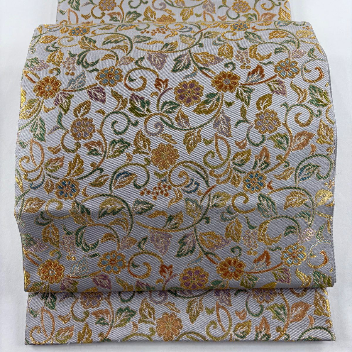 【美品】 袋帶 名品級 附落款 織竹子 花唐草紋 金絲 灰色 六通 純蠶絲