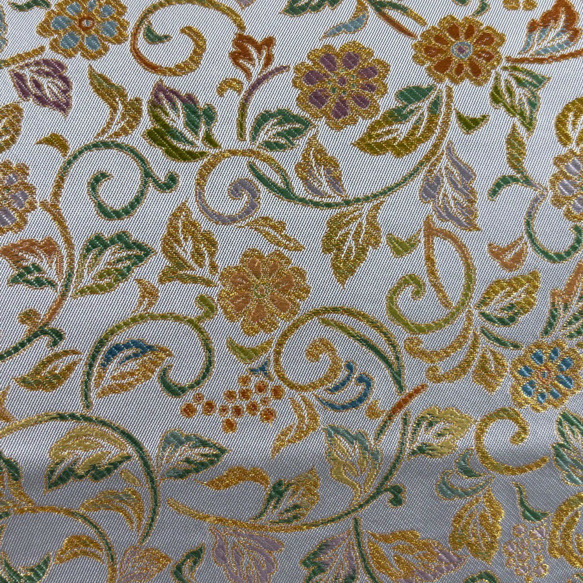 【美品】 袋帶 名品級 附落款 織竹子 花唐草紋 金絲 灰色 六通 純蠶絲