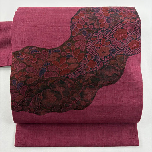 【美品】 名古屋帶 名品級 紬織織 草花紋紋 道長取 紅紫 純蠶絲