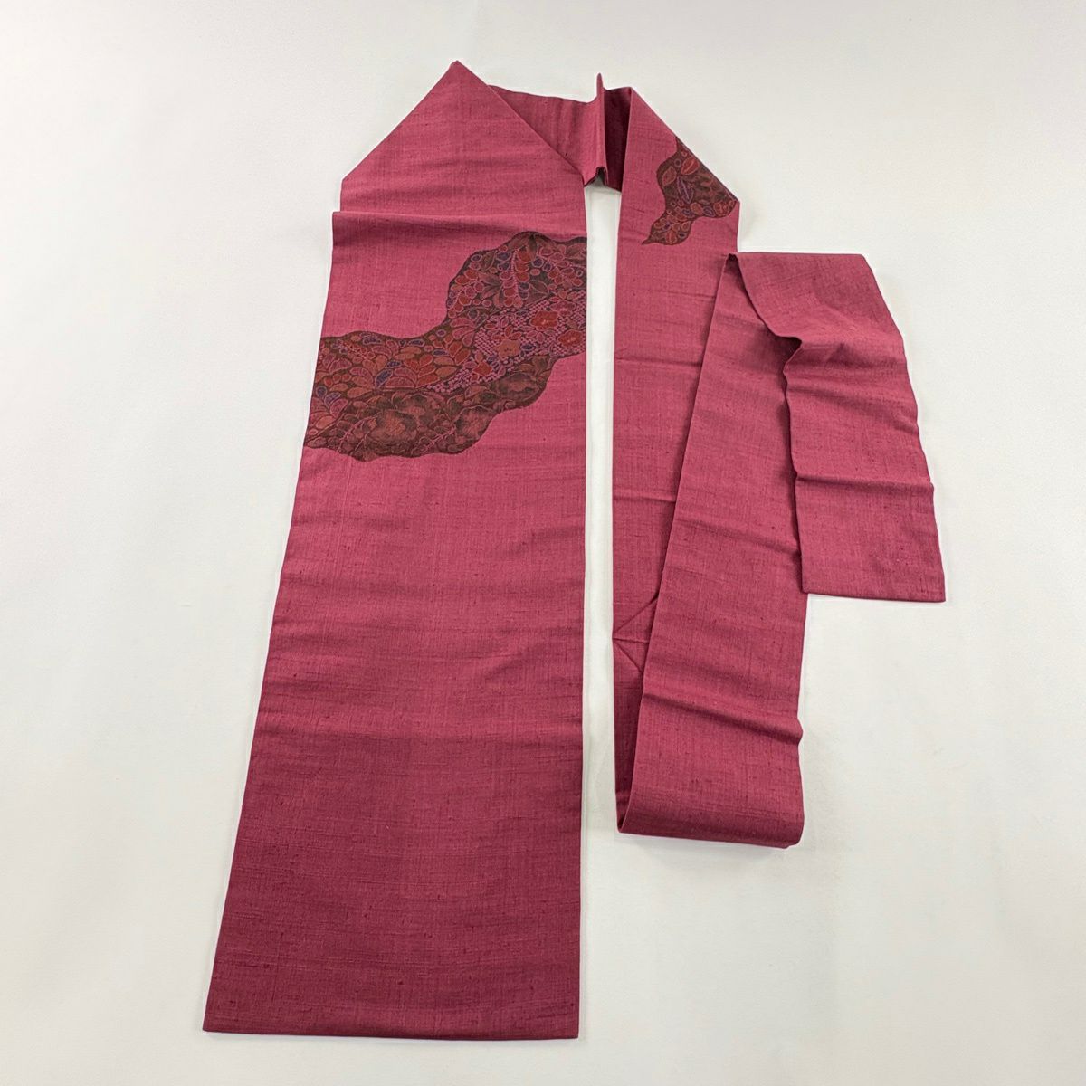 【美品】 名古屋帶 名品級 紬織織 草花紋紋 道長取 紅紫 純蠶絲