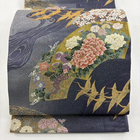 【美品】 袋帶 名品級 じゅらく 落款あり 扇子面 仙鶴 金銀彩 金金箔 青紫 六通 純蠶絲