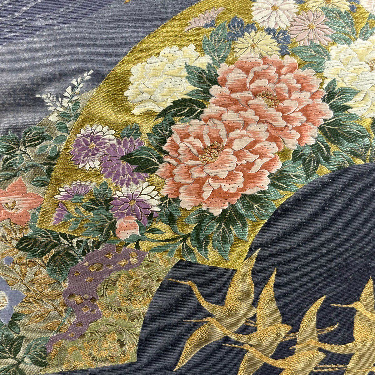 【美品】 袋帶 名品級 じゅらく 落款あり 扇子面 仙鶴 金銀彩 金金箔 青紫 六通 純蠶絲