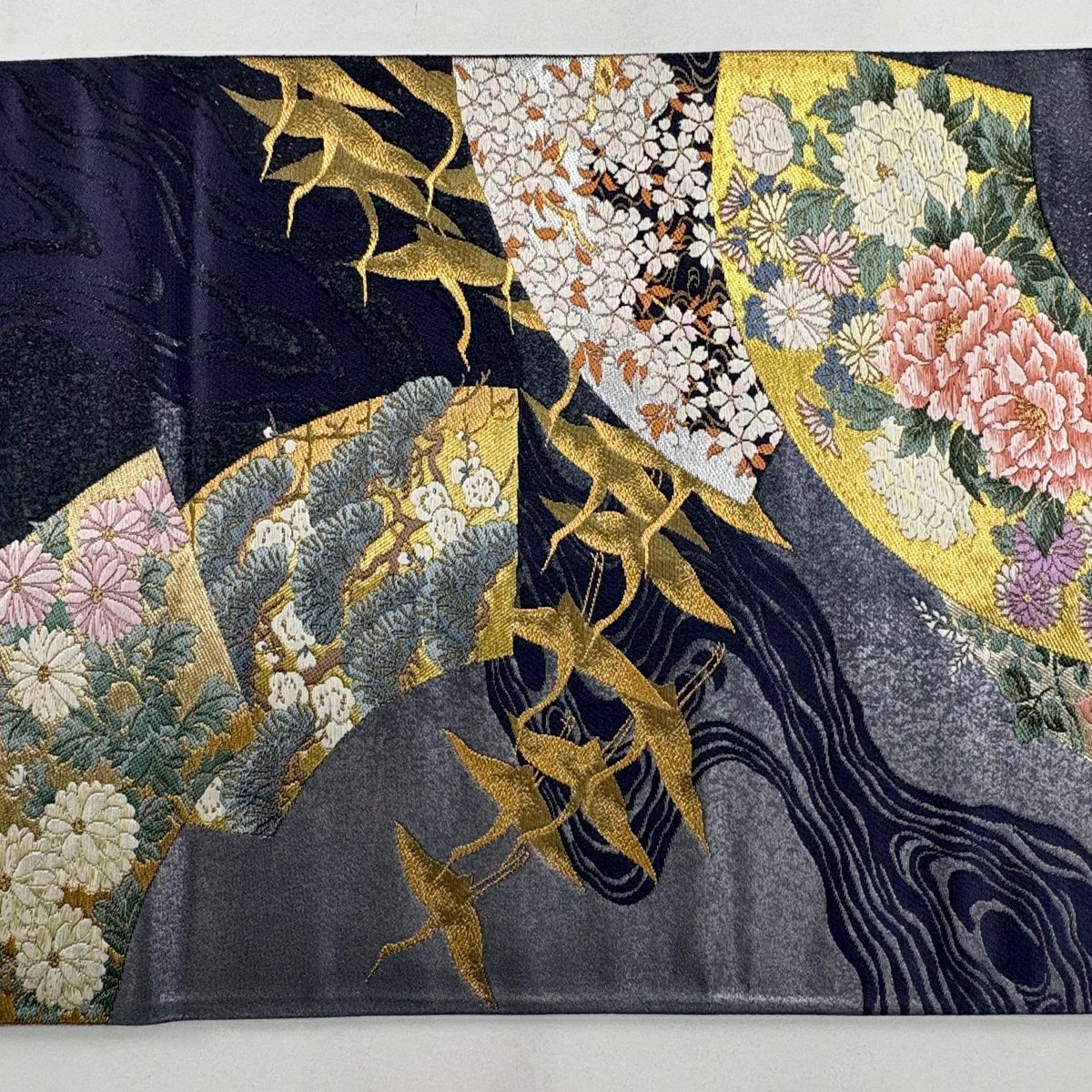【美品】 袋帶 名品級 じゅらく 落款あり 扇子面 仙鶴 金銀彩 金金箔 青紫 六通 純蠶絲