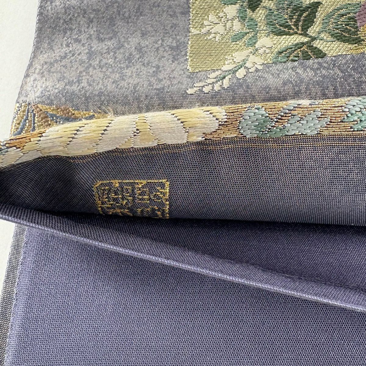 【美品】 袋帶 名品級 じゅらく 落款あり 扇子面 仙鶴 金銀彩 金金箔 青紫 六通 純蠶絲