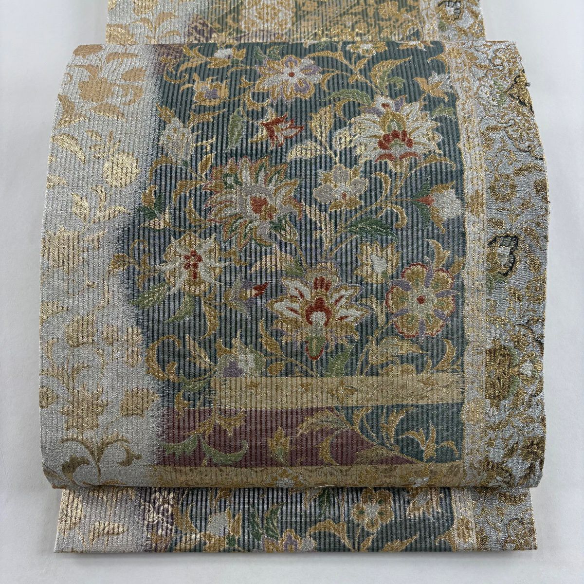【美品】 袋帶 名品級 草花紋 金銀彩 金金箔 灰綠 全通 純蠶絲