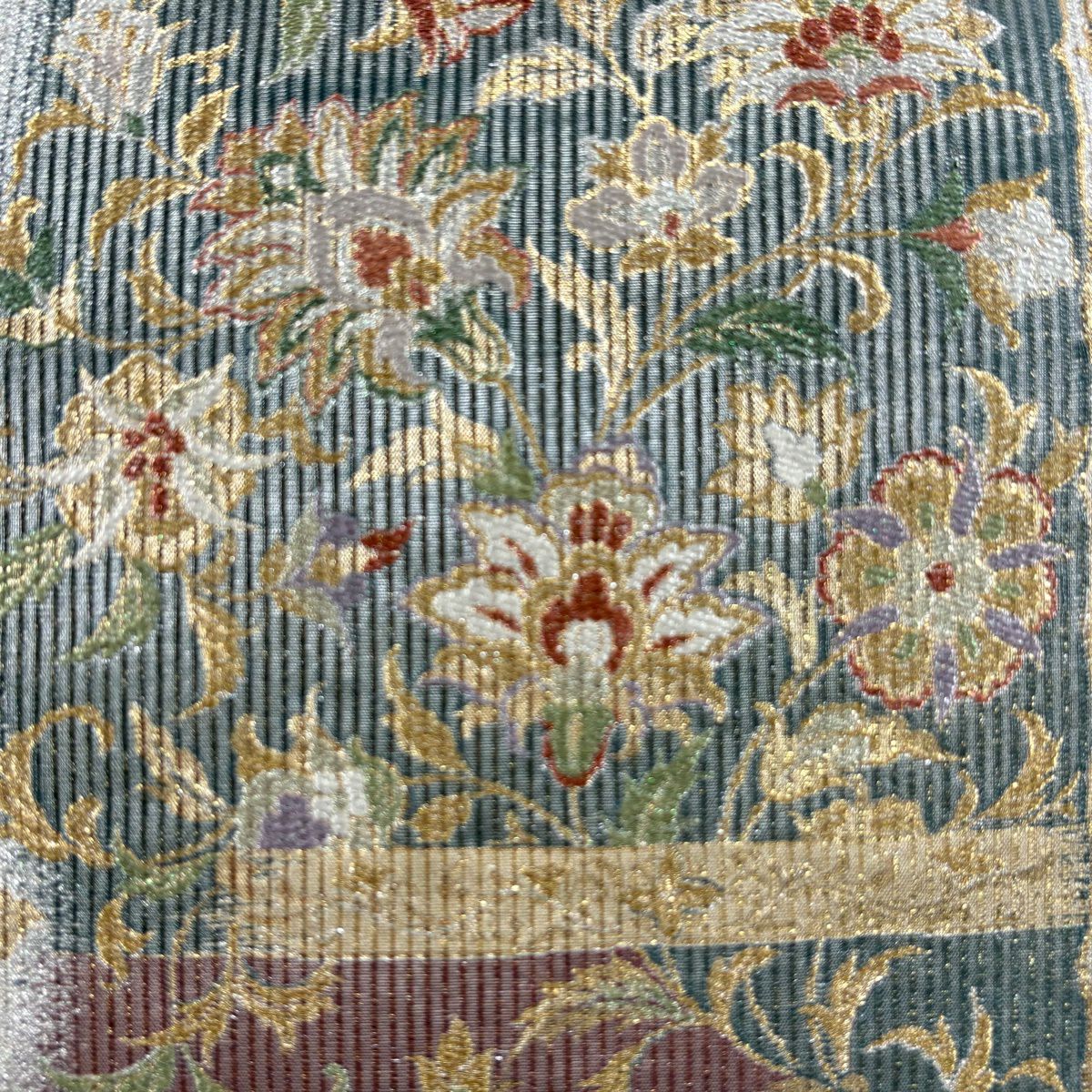 【美品】 袋帶 名品級 草花紋 金銀彩 金金箔 灰綠 全通 純蠶絲