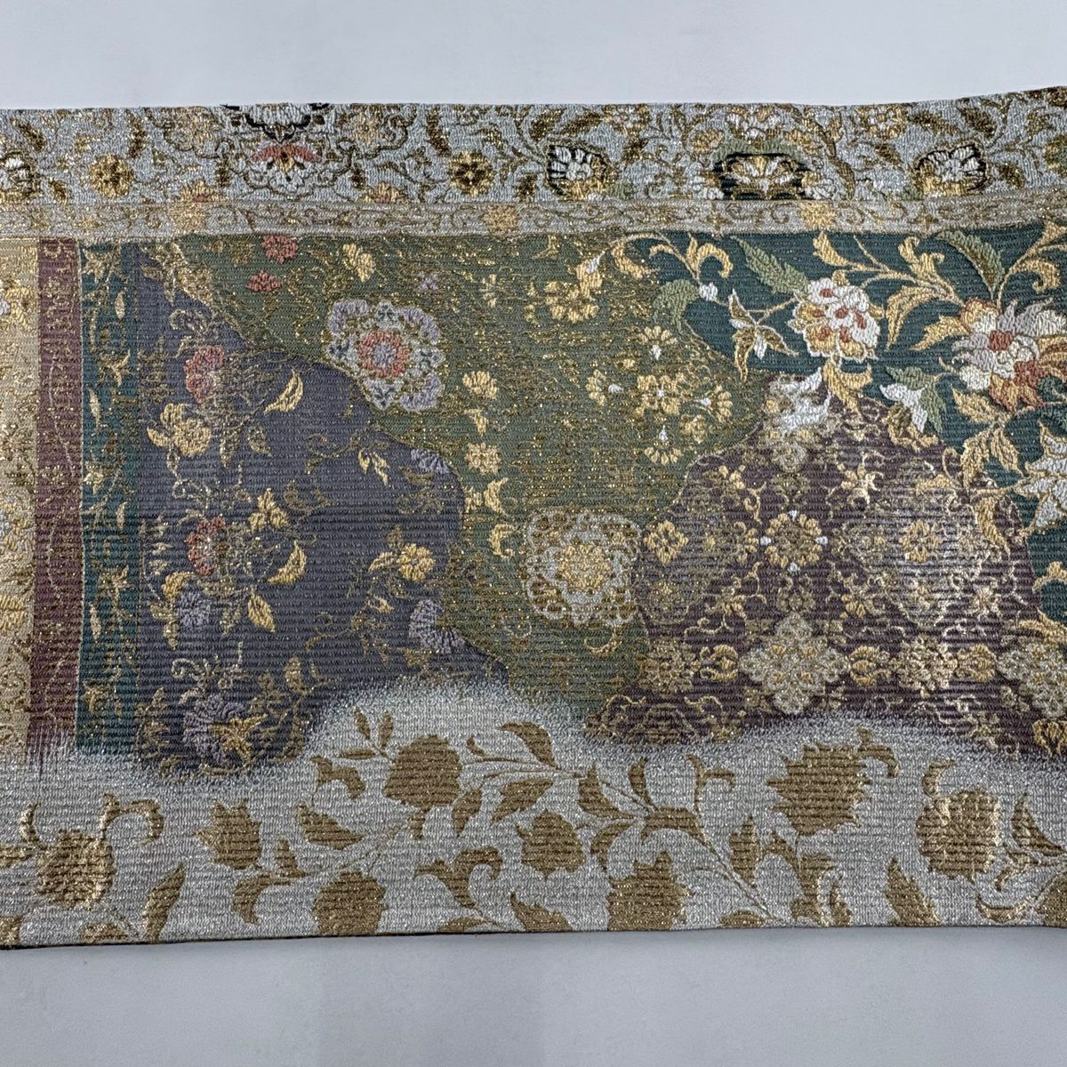 【美品】 袋帶 名品級 草花紋 金銀彩 金金箔 灰綠 全通 純蠶絲