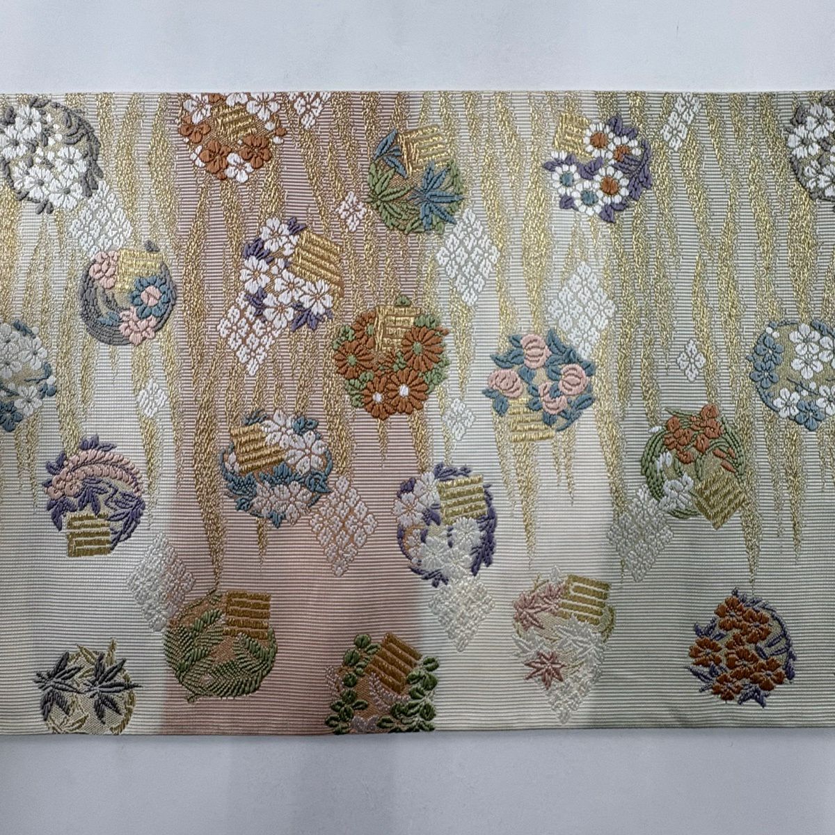 【美品】 袋帶 名品級 源氏香 花丸紋 刺繡 金絲 奶油 六通 純蠶絲