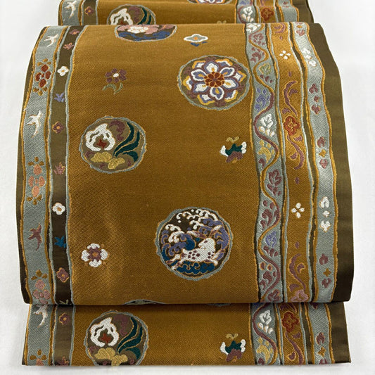 袋帶 名品級 華紋 波兔 金金箔 刺繡 山吹茶 六通 純蠶絲