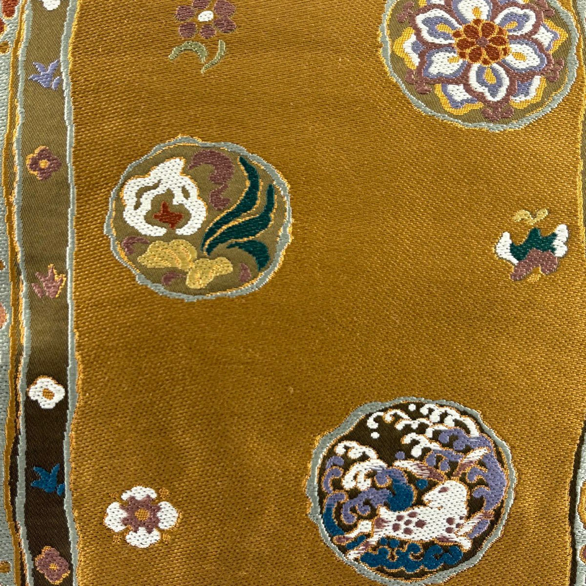 袋帶 名品級 華紋 波兔 金金箔 刺繡 山吹茶 六通 純蠶絲