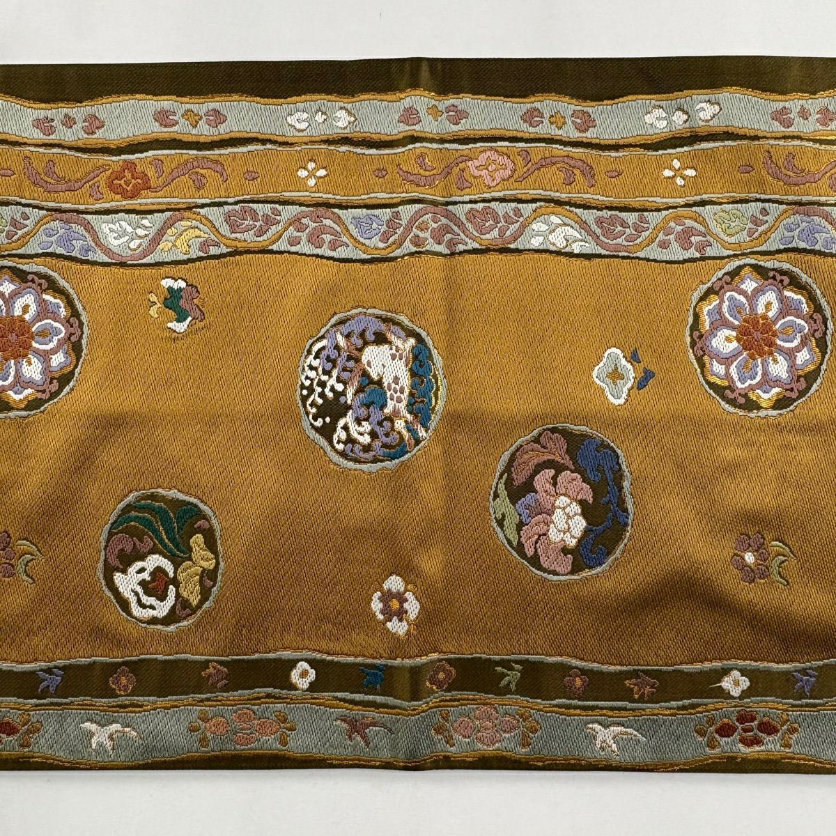 袋帶 名品級 華紋 波兔 金金箔 刺繡 山吹茶 六通 純蠶絲