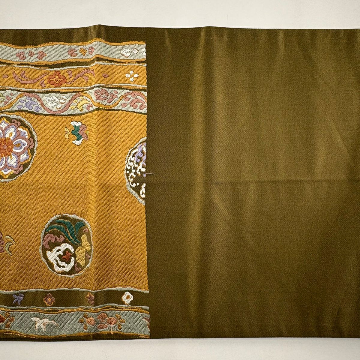 袋帶 名品級 華紋 波兔 金金箔 刺繡 山吹茶 六通 純蠶絲