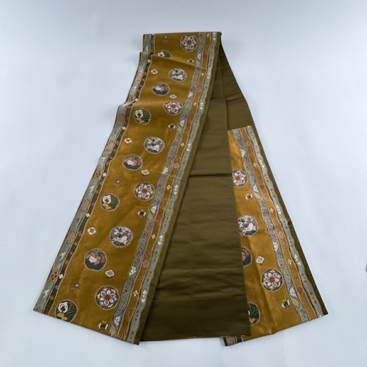 袋帶 名品級 華紋 波兔 金金箔 刺繡 山吹茶 六通 純蠶絲