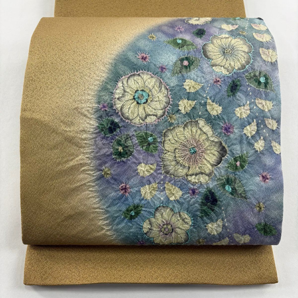 【美品】 袋帶 名品級 附落款 草花紋 銀線 山吹茶 純蠶絲 お太鼓圖案