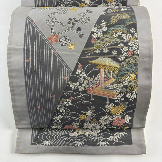 袋帶 秀品級 松樹竹子梅花 建物 金絲 灰色 六通 純蠶絲
