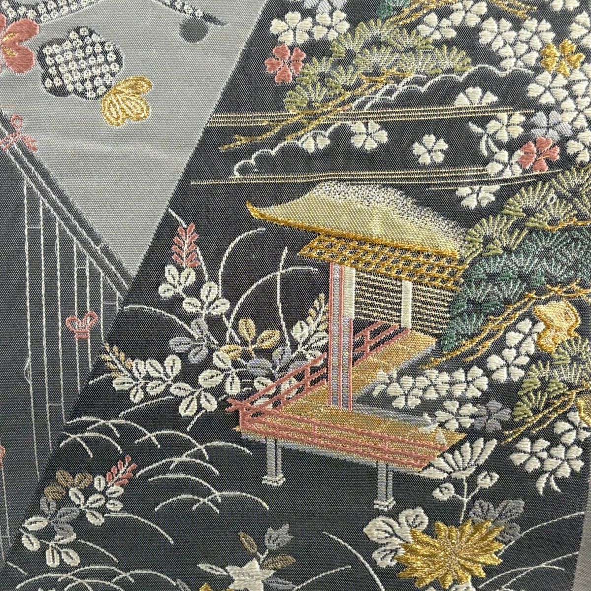 袋帶 秀品級 松樹竹子梅花 建物 金絲 灰色 六通 純蠶絲