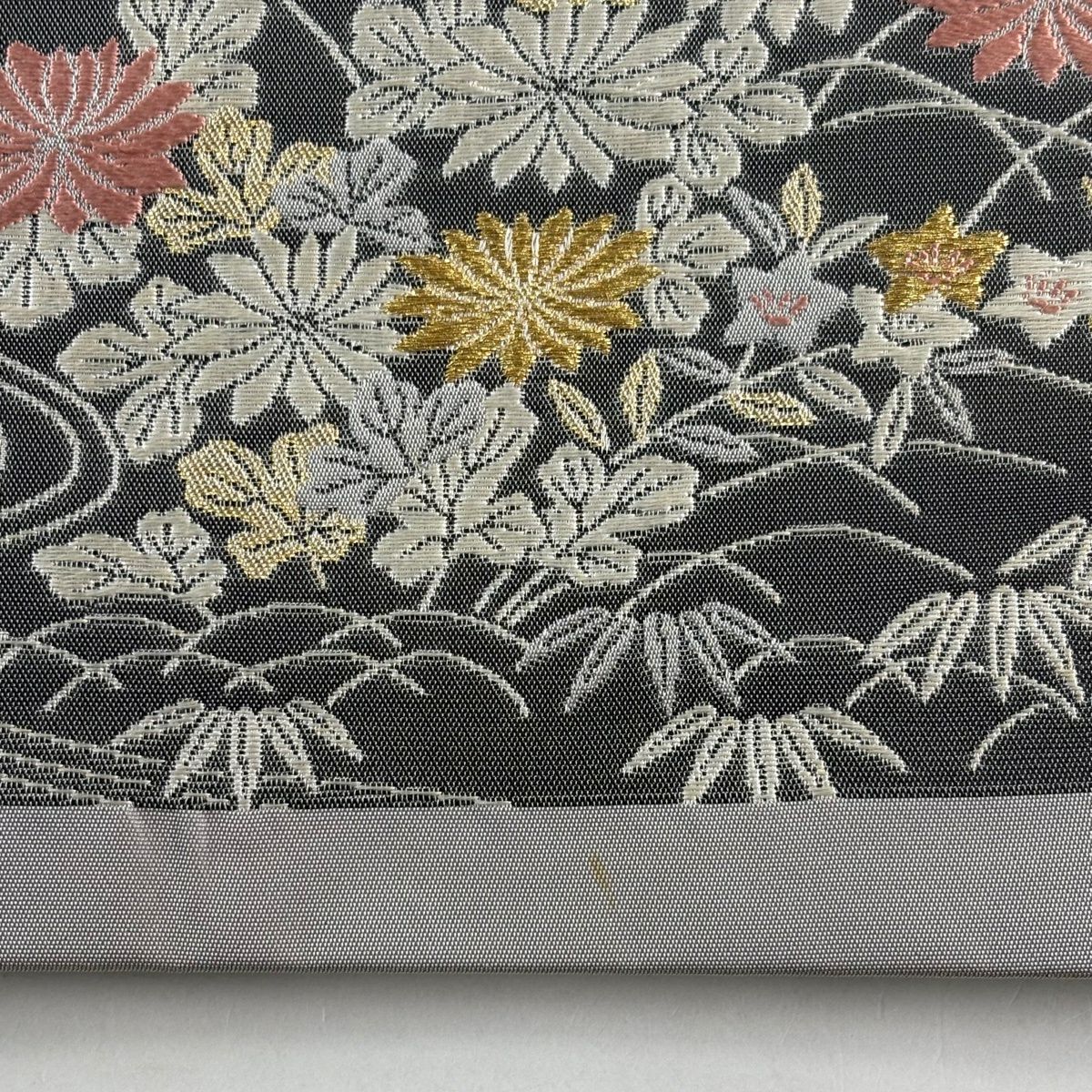 袋帶 秀品級 松樹竹子梅花 建物 金絲 灰色 六通 純蠶絲