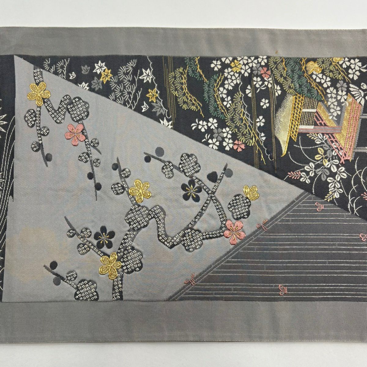 袋帶 秀品級 松樹竹子梅花 建物 金絲 灰色 六通 純蠶絲