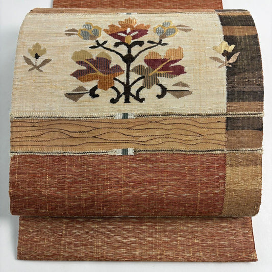 【美品】 袋帶 優品級 草花紋 幾何圖案 金絲 紅茶 大鼓圖案 純蠶絲