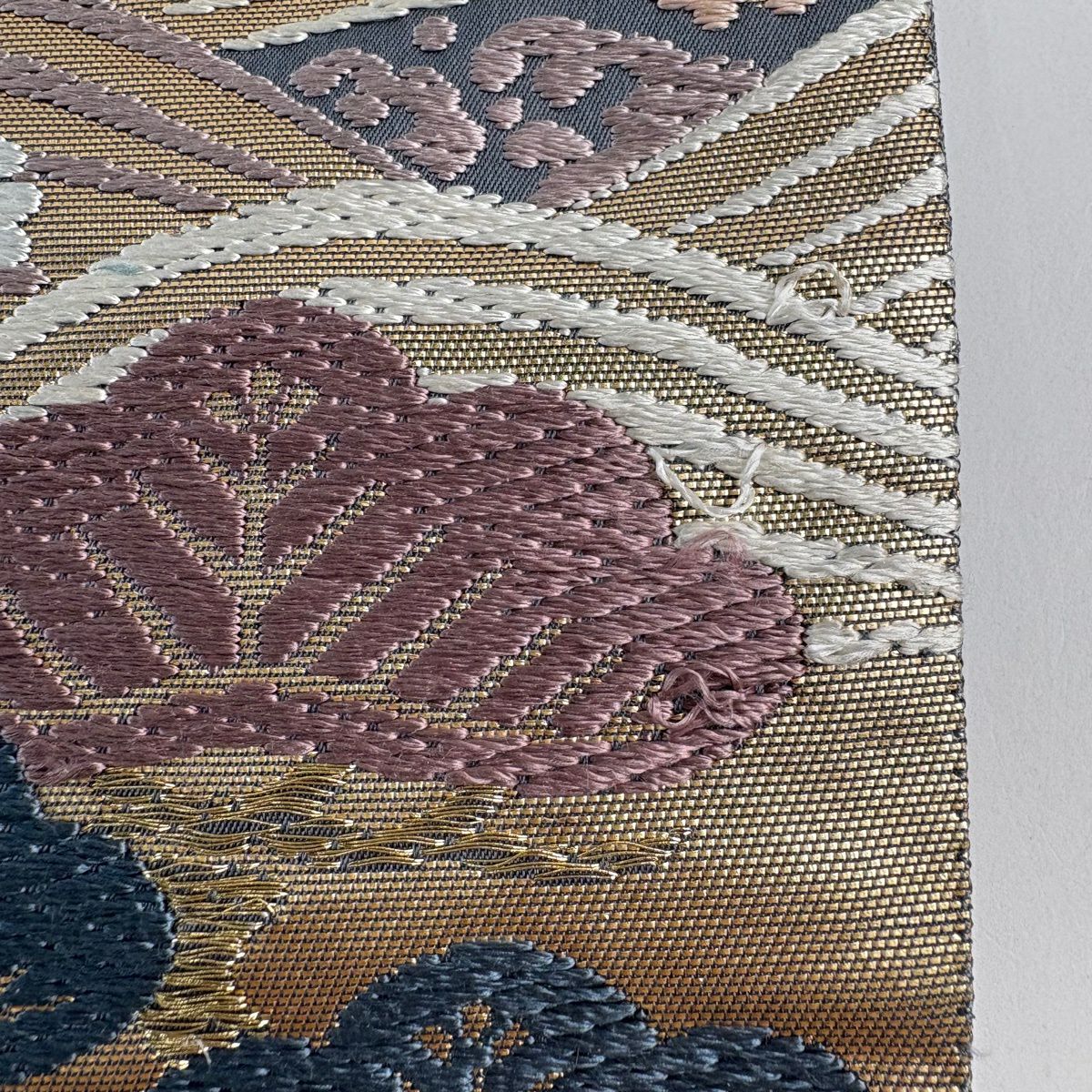 袋帶 秀品級 扇子面 秋草 唐織 金金箔 灰 深藍 六通 純蠶絲