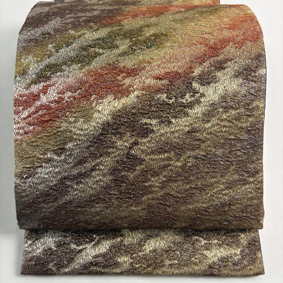 【美品】袋帶 秀品級 霞 幾何圖案 金銀線 茶 全通 純蠶絲