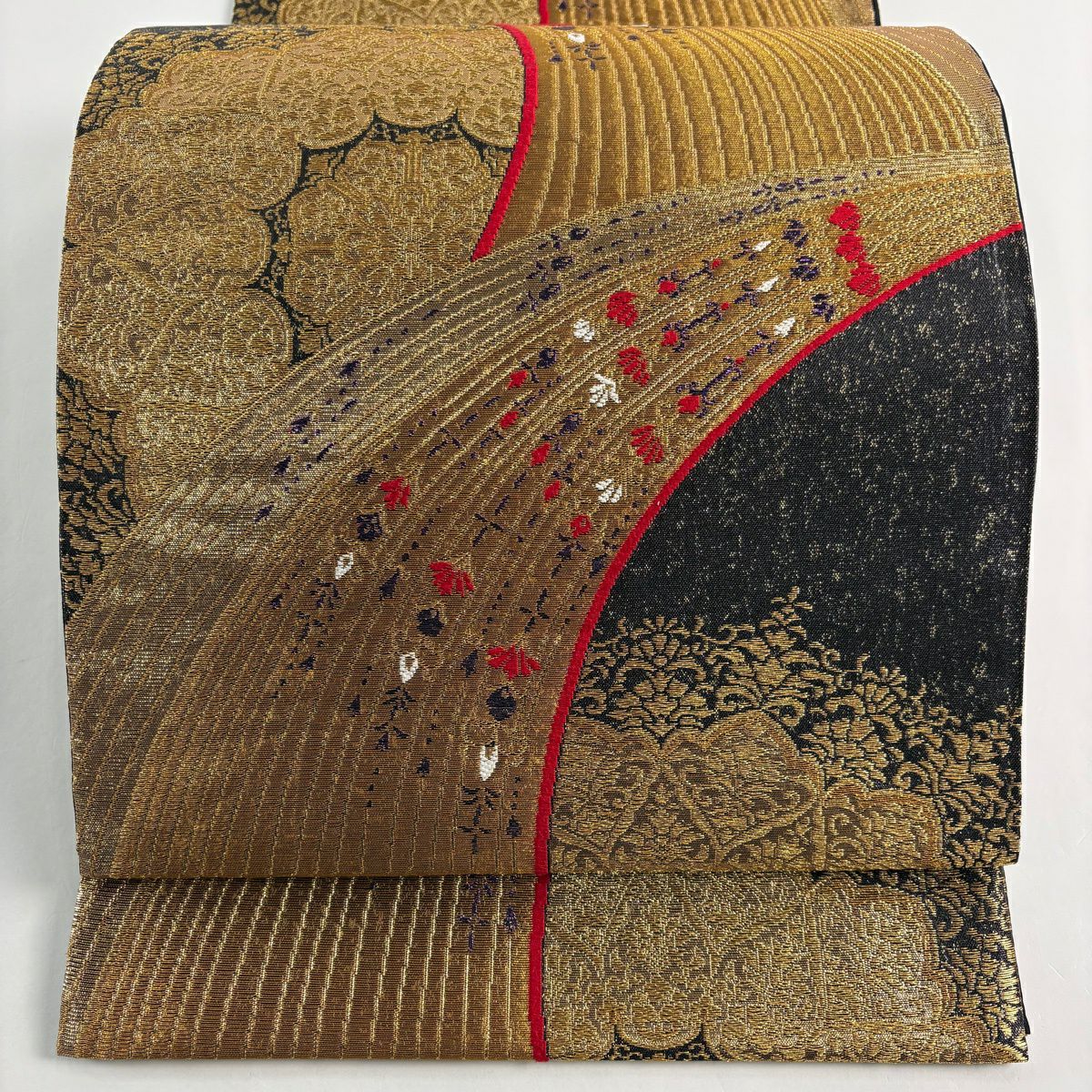 【美品】 袋帶 秀品級 草花紋紋 金絲 金金箔 黑 六通 純蠶絲
