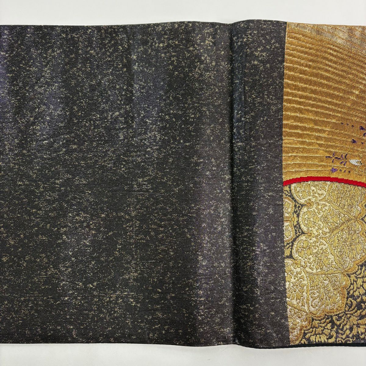 【美品】 袋帶 秀品級 草花紋紋 金絲 金金箔 黑 六通 純蠶絲