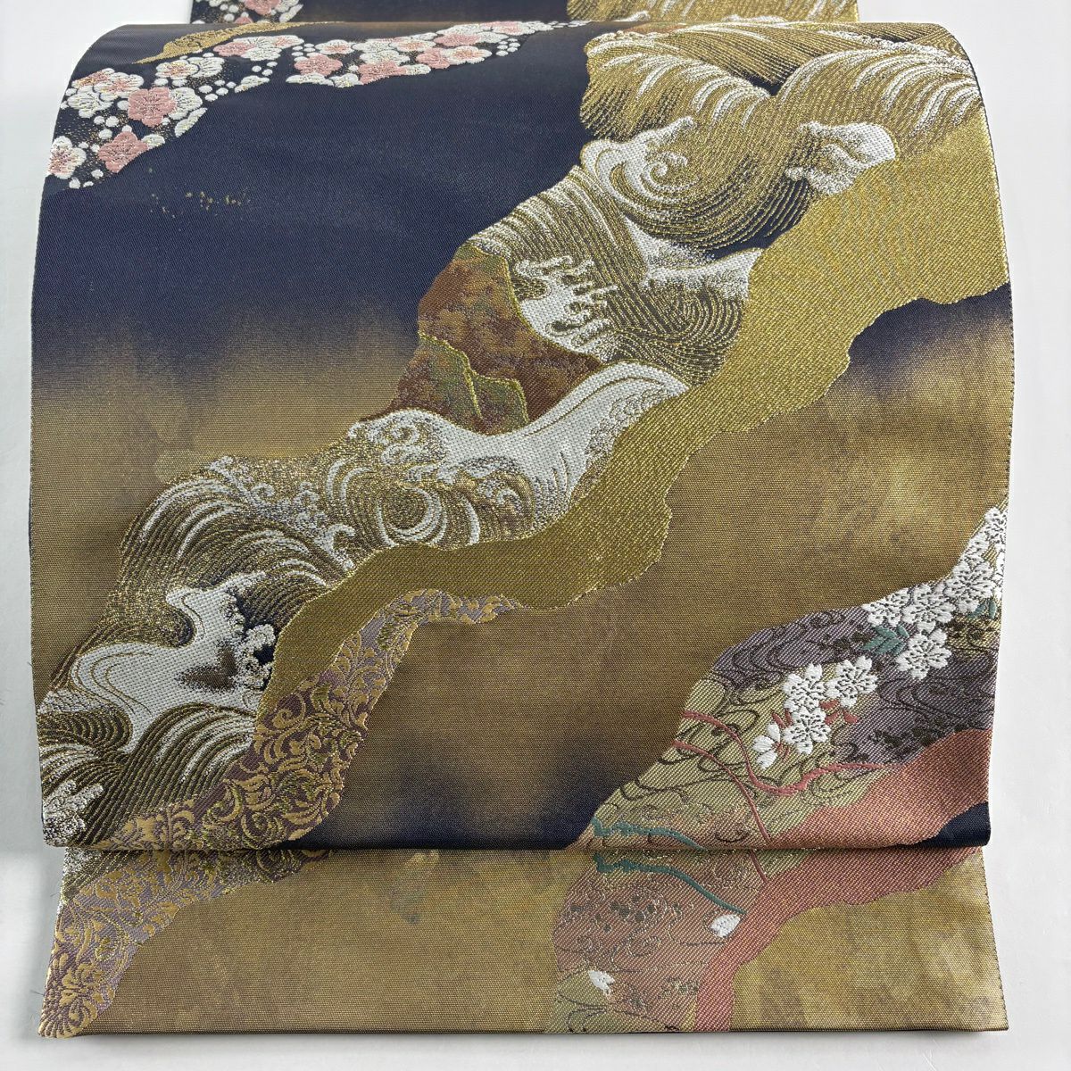 【美品】 袋帶 秀品級 研磨金金箔 波頭 梅花 金絲 金金箔 灰色 六通 純蠶絲