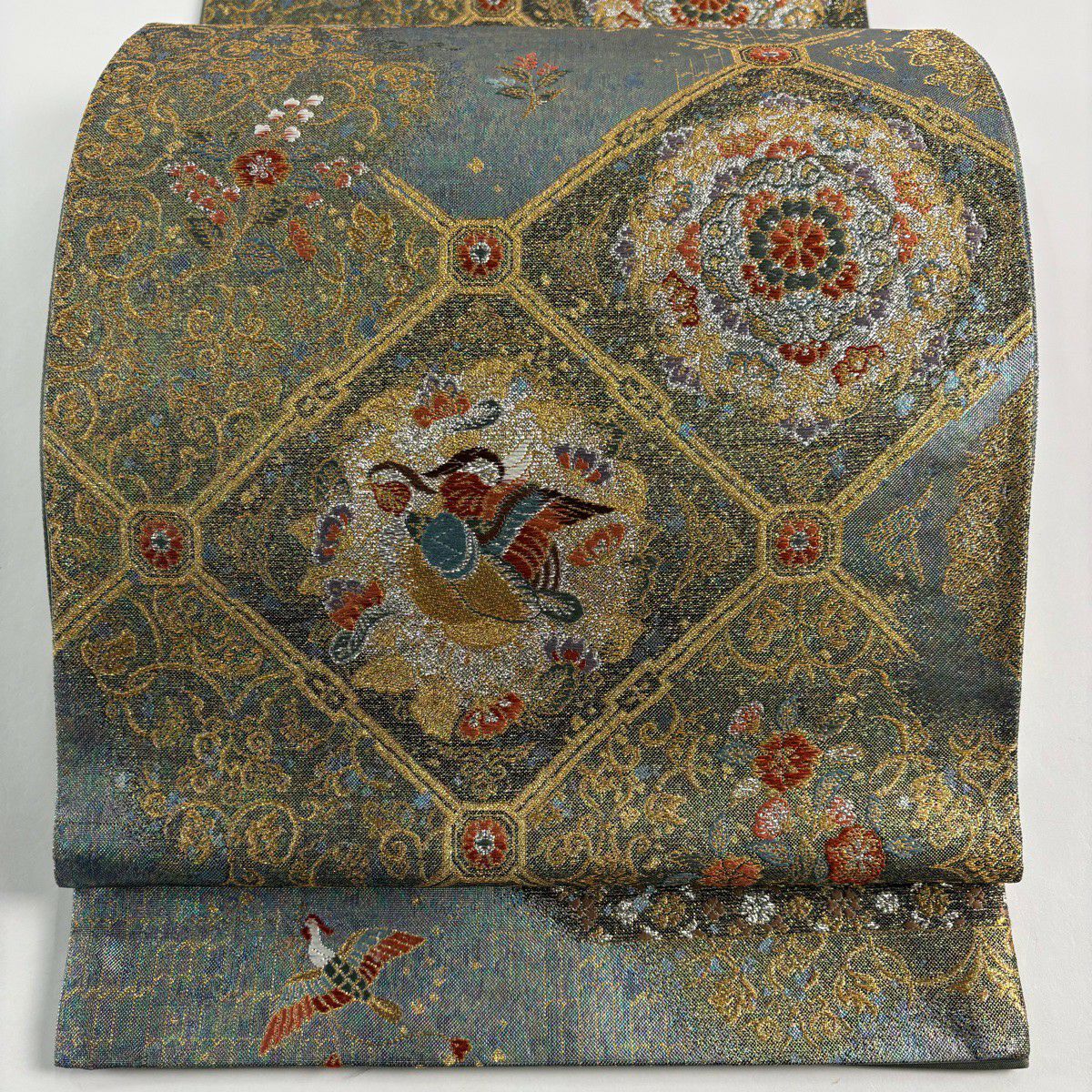 【美品】 袋帶 秀品級 正倉院蜀甲紋 鳥 金絲 金金箔 灰綠 六通 純蠶絲