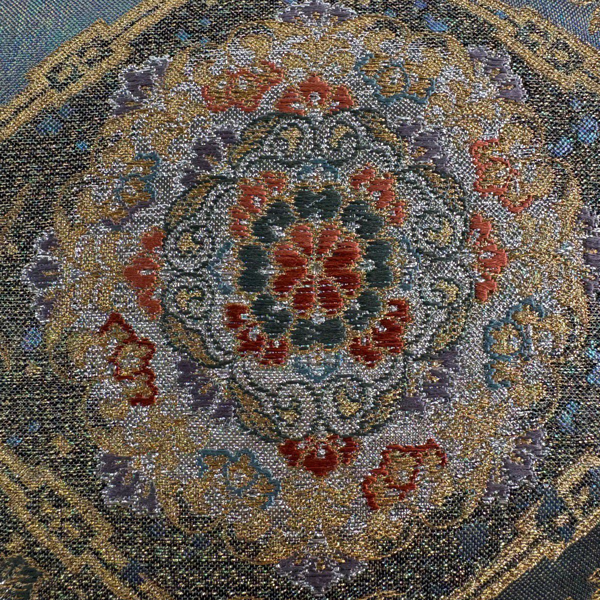 【美品】 袋帶 秀品級 正倉院蜀甲紋 鳥 金絲 金金箔 灰綠 六通 純蠶絲