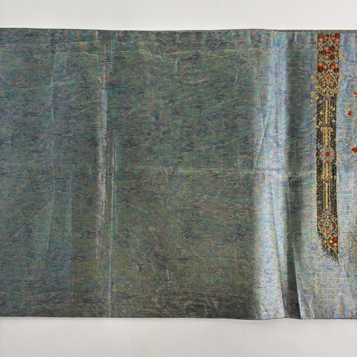 【美品】 袋帶 秀品級 正倉院蜀甲紋 鳥 金絲 金金箔 灰綠 六通 純蠶絲
