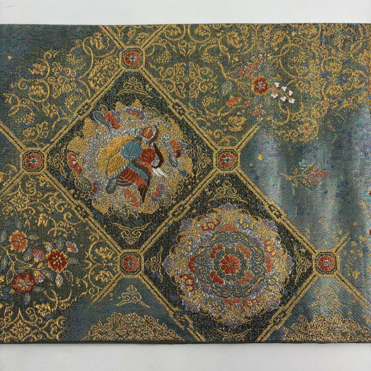 【美品】 袋帶 秀品級 正倉院蜀甲紋 鳥 金絲 金金箔 灰綠 六通 純蠶絲