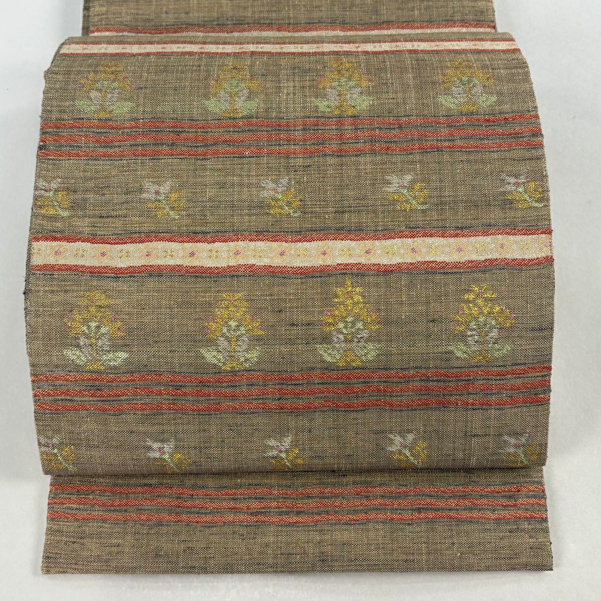 【美品】 袋帶 逸品級 落款 草花紋 段紋 金通 金金箔 淺茶 細鼓圖案 純蠶絲
